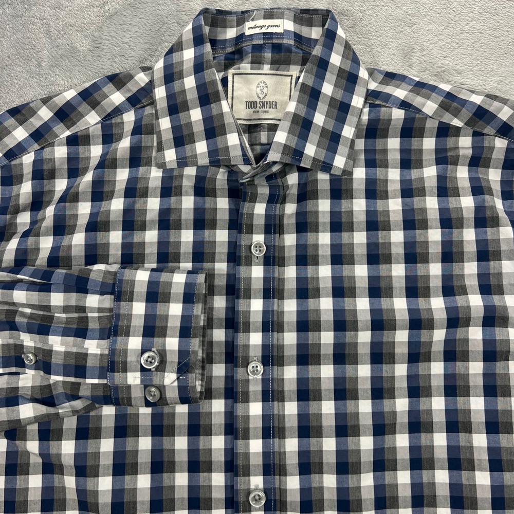 TODD SYNDER‎ Button Down Mens 15.5 32/33 Blue Grey Gingham Melange Cotton EUC